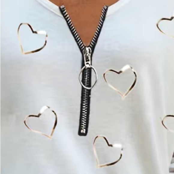 SALE 🩶 Heart Print Zipper Blouse, Casual Long Sleeve V Neck - Picture 3 of 6